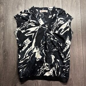 Marni Womens Abstract Brushstroke Print V-Neck Sleeveless Blouse Black White